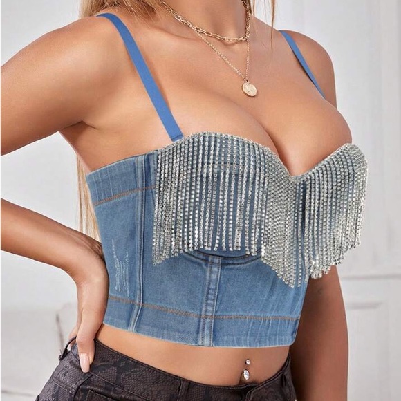 NWOT Tassel Rhinestone Denim Bustier Crop Top Jean Corset - size small - Picture 16 of 16